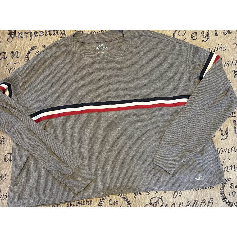Hollister Thermal Cropped Long Sleeve Women Gray Striped Boyfriend Tee - Small